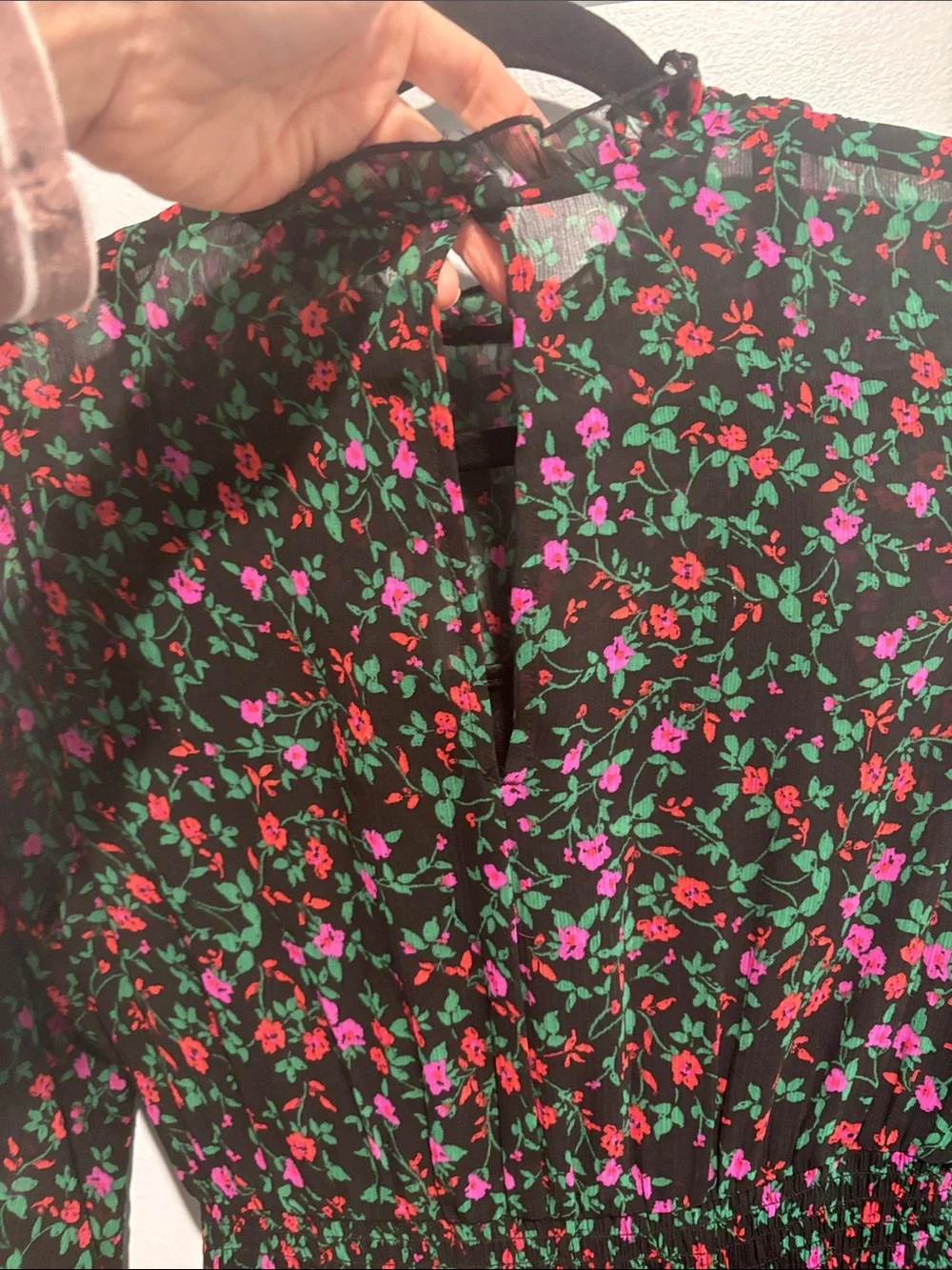 Ladies' Black Floral Midi Dress with Magenta & Red Blooms